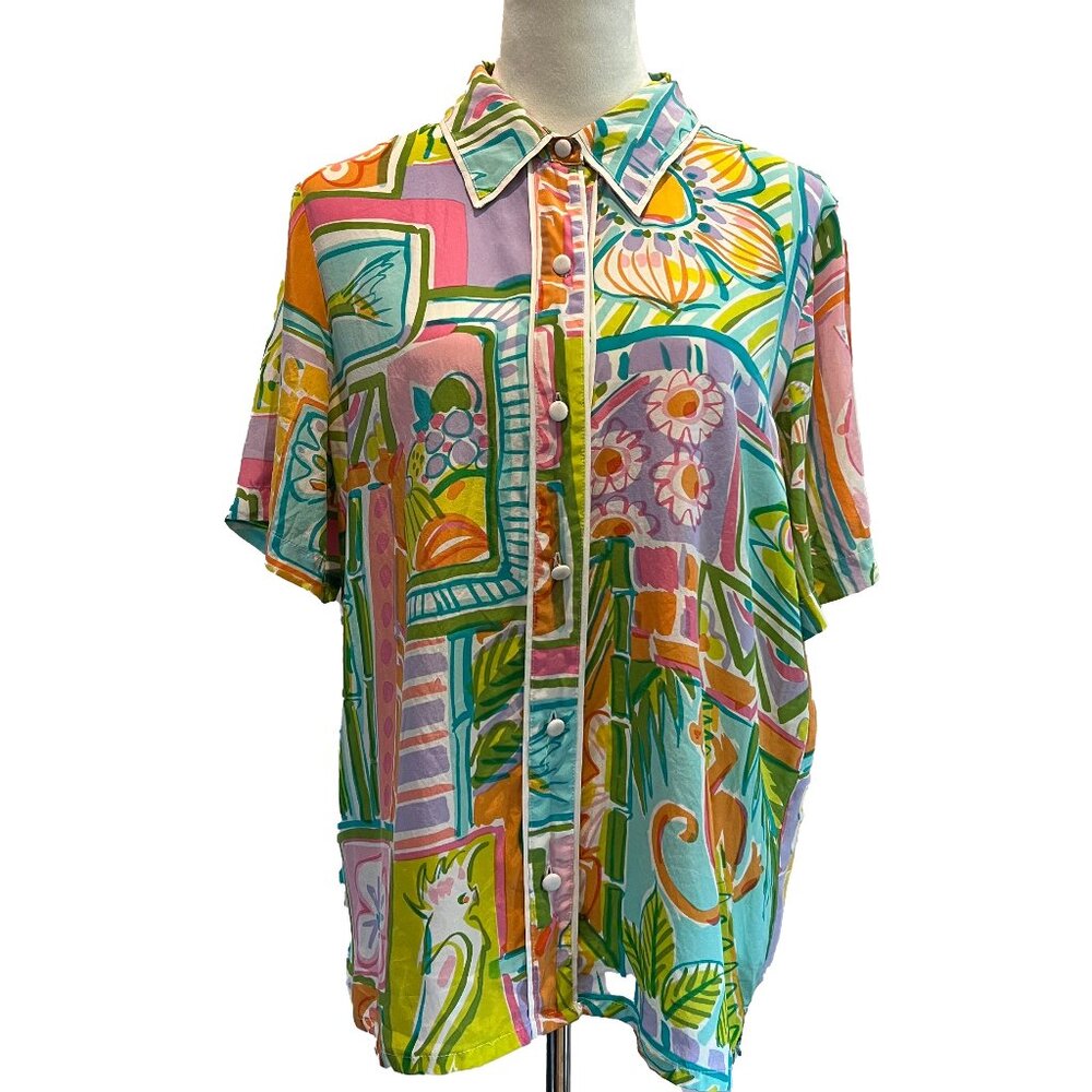 Vintage Bob Mackie Silk Top Blouse Tropical Fun Monkey Cat Pineapples Summer M